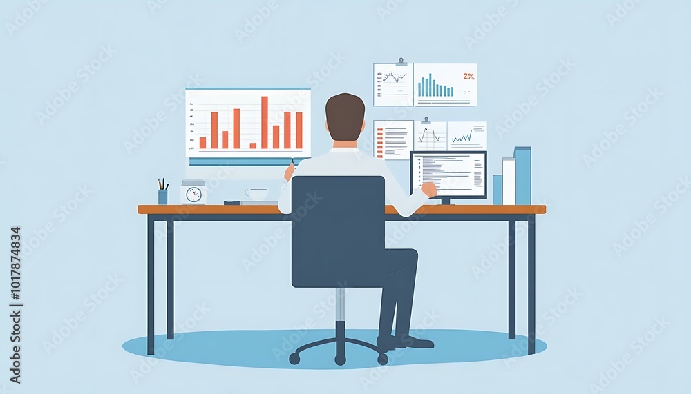 Businessman Working at Desk with Charts and Graphs Businessman Working at Desk with Charts and Graphs