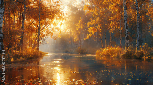 Autumn River Scene with Sunlight