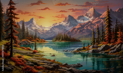 Beautiful sunset over a serene mountain landscape featuring pine trees, a calm lake, and distant snow-capped peaks in vibrant colors