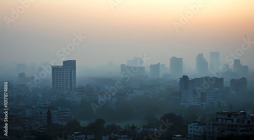 The skyline of the city was shrouded in thick fog