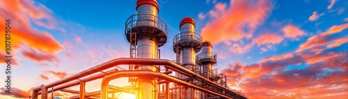 Industrial power plant with smokestacks under a vibrant sunset sky.
