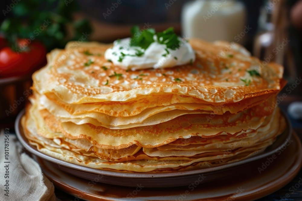 Delicious Stack of Homemade Pancakes with Whipped Cream in Rustic Kitchen Setting Delicious Stack of Homemade Pancakes with Whipped Cream in Rustic Kitchen Setting