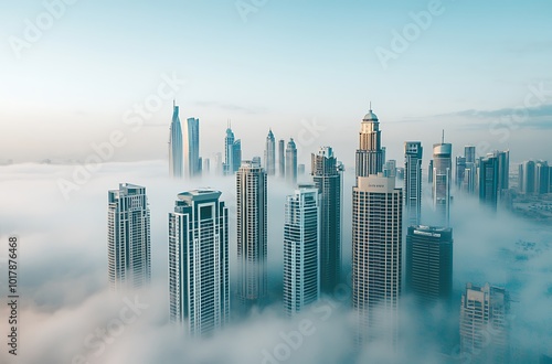 A cinematic shot of the foggy skyline of city photo