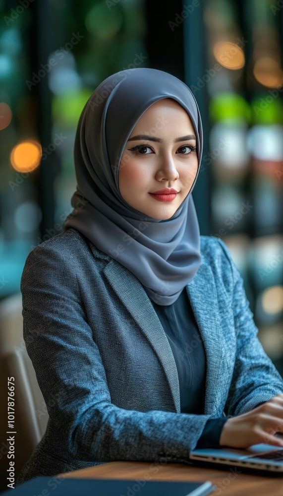 Confident Muslim Businesswoman in Hijab Working Remotely on Laptop in a Modern Cafe Setting Confident Muslim Businesswoman in Hijab Working Remotely on Laptop in a Modern Cafe Setting
