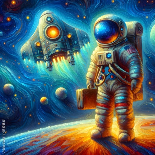 A cheerful, cartoon astronaut glides on a small rocket through a vibrant outer space filled with planets, stars, and colorful cosmic energy in a whimsical, magical scene. photo