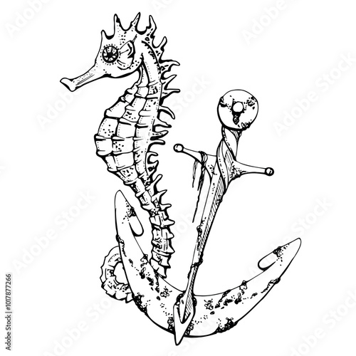 Seahorse with anchor, Marine life, sea ocean underwater creatures animal, Ink and pen sketch hand drawn. Composition illustration, stylized, isolated on white. Zoo shop, aquarium, cosmetics, resort