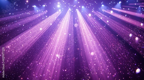 Abstract background with purple and white lights and sparkling particles.