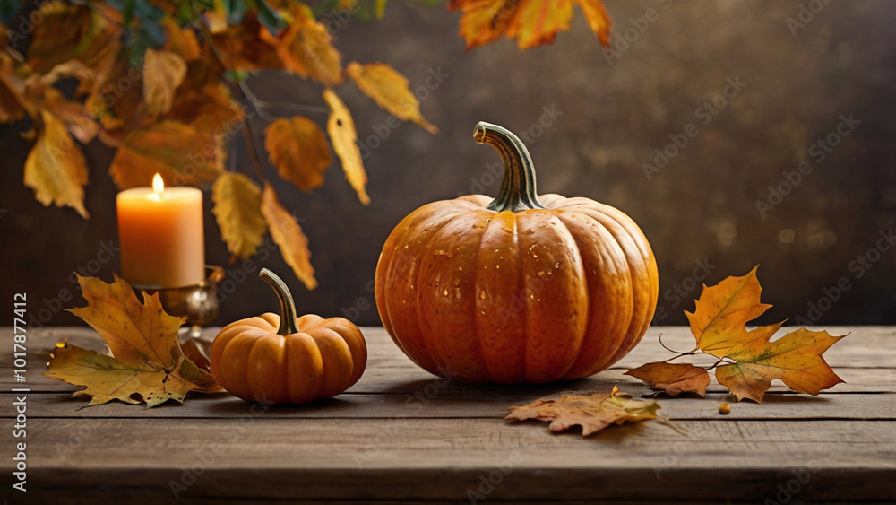 The banner. Autumn background of pumpkin and autumn leaves on a forest background. The concept of the Halloween holiday. The banner. Autumn background of pumpkin and autumn leaves on a forest background. The concept of the Halloween holiday.