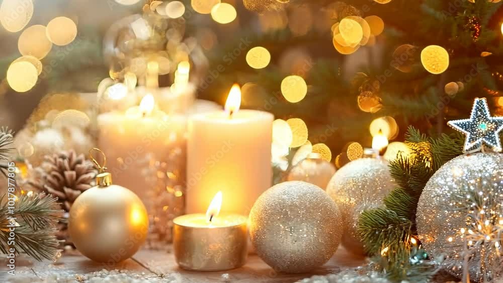 A table with candles and ornaments on it