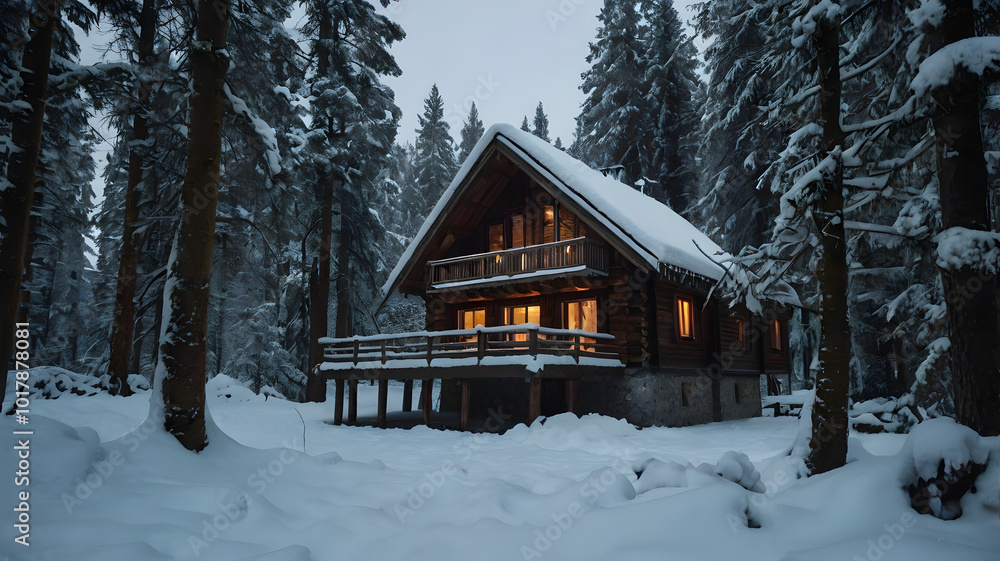 A cozy winter chalet nestled in a snowy forest, surrounded by snow-laden trees, creating a serene and picturesque winter wonderland A cozy winter chalet nestled in a snowy forest, surrounded by snow-laden trees, creating a serene and picturesque winter wonderland