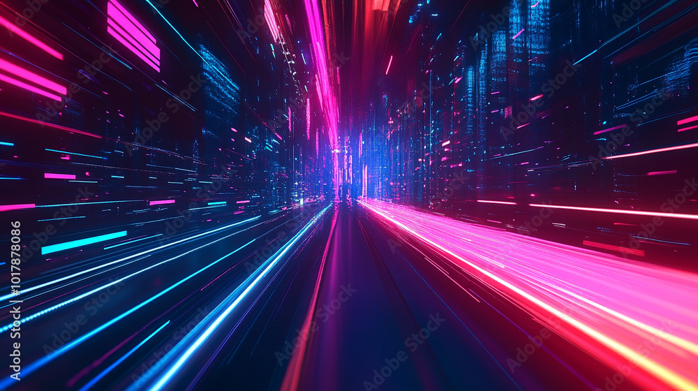 Obraz premium abstract light technology background glows in the dark of comeliness, The sleek lines and dynamic colors of the tech abstract background transport viewers to a world of advanced.