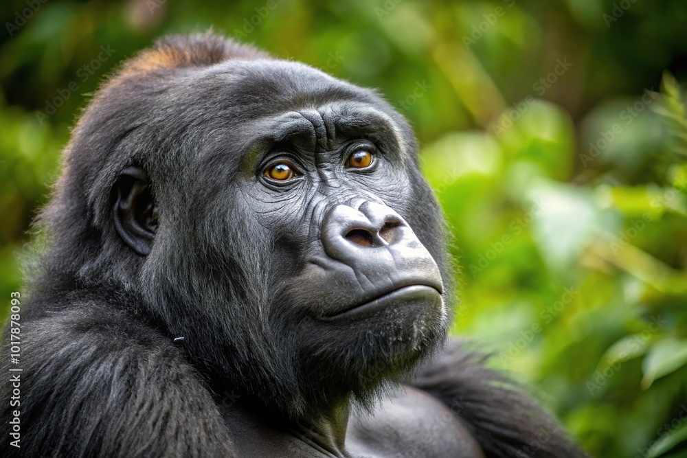 Fototapeta premium A contemplative Mountain Gorilla reflecting in the distance