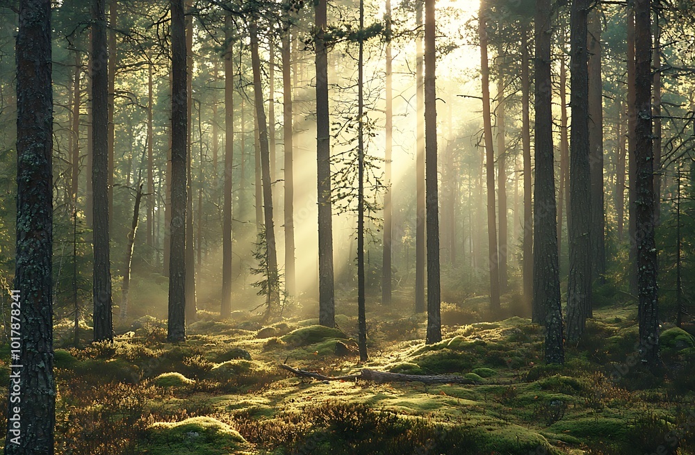 Fototapeta premium A dense pine forest foggy morning