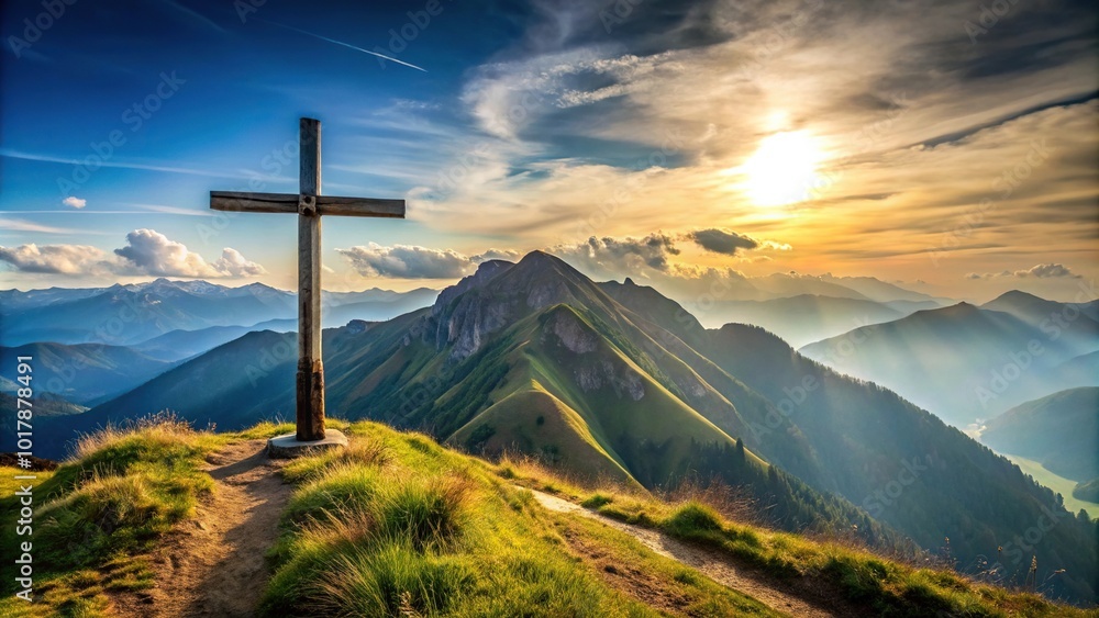 A cross on a hill with a mountain in the background A cross on a hill with a mountain in the background