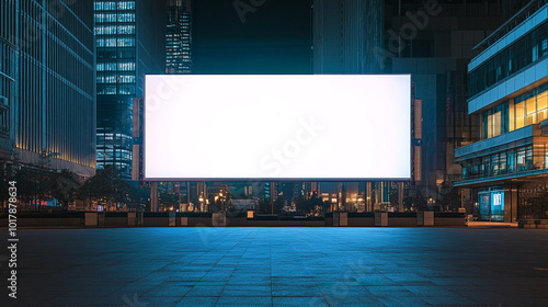 Blank Billboard in Futuristic Night Cityscape, A vacant digital billboard lights up a night intersection, ready for advertising in the city's glowing heartbeat Blank Billboard in City.