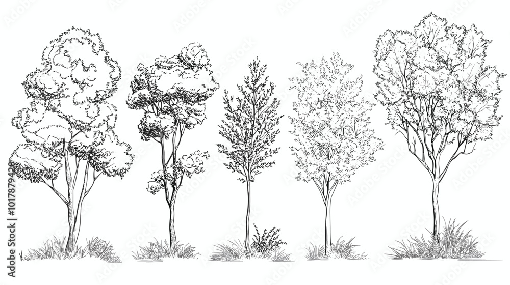 Fototapeta premium Architectural Drawings, Minimal style cad tree line drawing, Side view, set of graphics trees elements outline symbol for landscape design drawing. Vector illustration