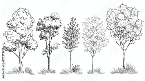 Architectural Drawings, Minimal style cad tree line drawing, Side view, set of graphics trees elements outline symbol for landscape design drawing. Vector illustration