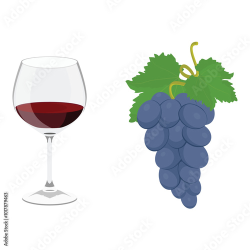 Ripe purple grapes and glass of red wine