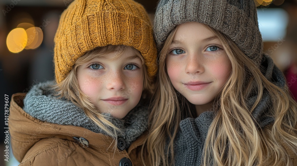 Two girls with knitted hats, smiling warmly in a cozy setting. Two girls with knitted hats, smiling warmly in a cozy setting.