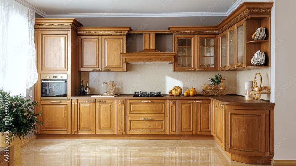 A kitchen with golden-colored kitchen cabinets. A kitchen with golden-colored kitchen cabinets.