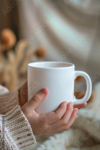 Hand Holding White Coffee Mug in Cozy Living Room with Sunlight and Houseplants