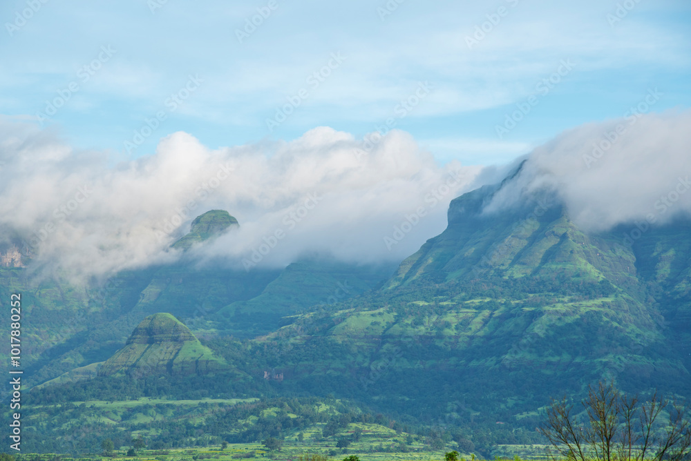 Obraz premium Monsoon landscape, rainy season, Climate change, Amazing Dramatic view, Maharashtra, India. background, cover, poster, wallpaper, soft focus