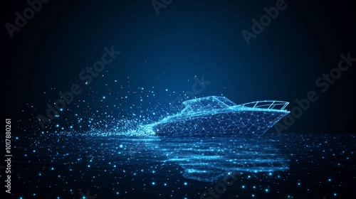 Fototapeta Naklejka Na Ścianę i Meble -  Futuristic Motorboat, Composed of Glowing Particles, Navigates a Digital Sea of Light and Data.
