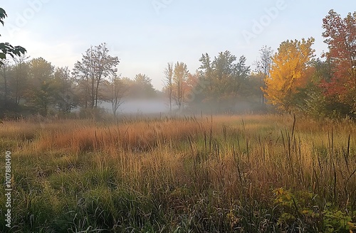 A foggy autumn meadow, with tall grasses and trees