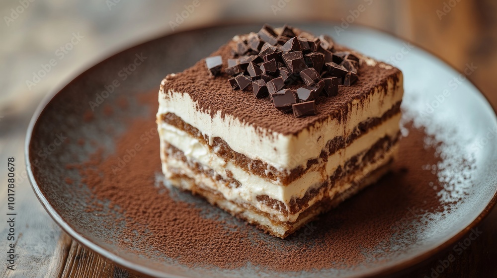 A luscious tiramisu layered with creamy mascarpone and topped with rich chocolate chunks, dusted with cocoa, presented in inviting, warm ambient lighting. A luscious tiramisu layered with creamy mascarpone and topped with rich chocolate chunks, dusted with cocoa, presented in inviting, warm ambient lighting.