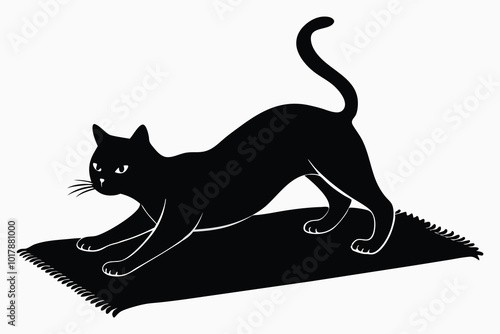 A black silhouette cat stretching lazily on a carpet, on white background A.eps