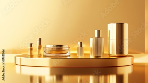 A luxurious, golden display platform showcasing cosmetics, beauty products, or skincare. It's perfect for advertising high-end perfumes and fashion, with a sleek satin finish.