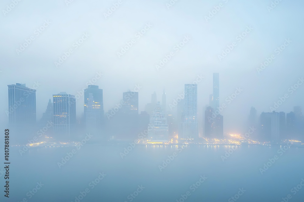 Fototapeta premium A foggy city skyline with tall buildings