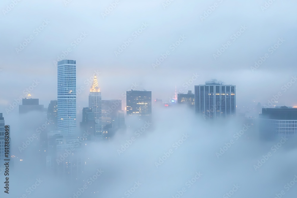 Fototapeta premium A foggy city skyline with tall buildings
