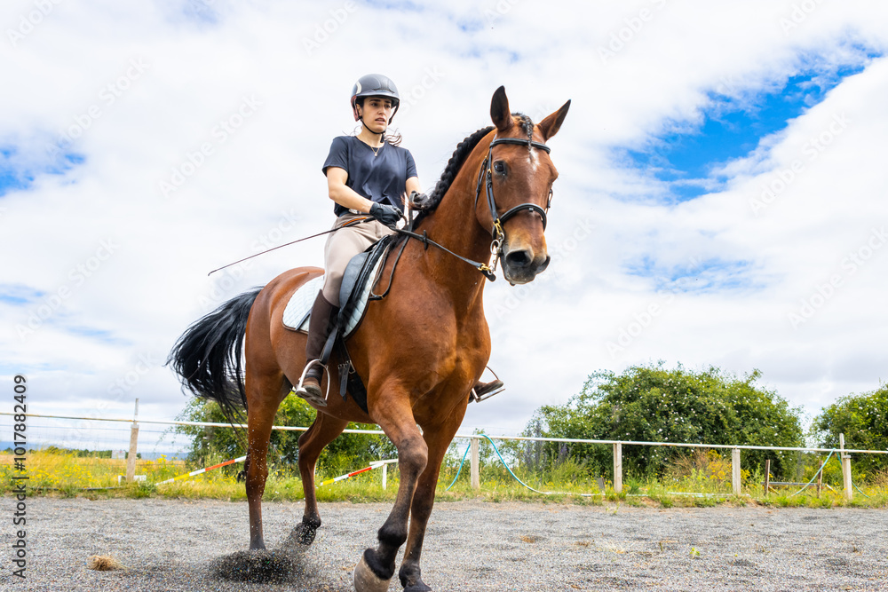 woman riding a brown horse in outdoor arena woman riding a brown horse in outdoor arena