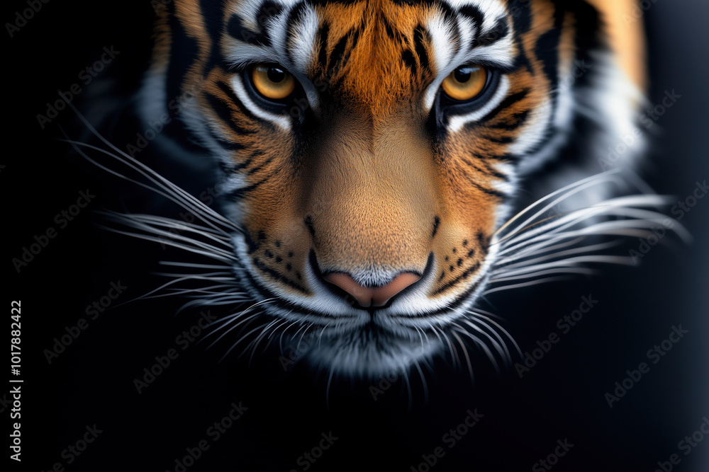 Obraz premium Intense close-up of a tiger's face with piercing eyes and detailed fur, symbolizing power, strength, and the majesty of wildlife.