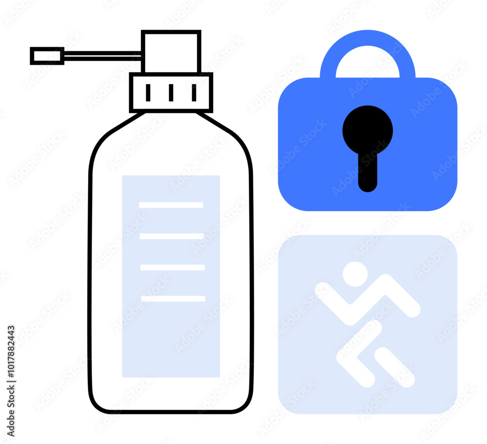 Fototapeta premium Hand sanitizer bottle with a blue lock and a person running symbol. Ideal for health, security, hygiene, safety, and awareness campaigns. Clear, modern, and simple style