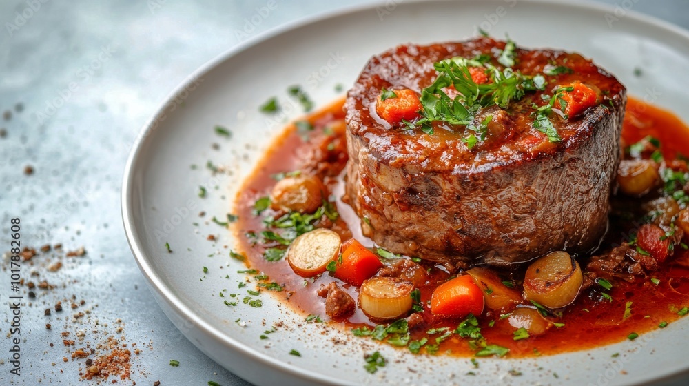 A succulent gourmet beef dish featuring vegetables and aromatic herbs, presented in a rich sauce, capturing the essence of fine dining and culinary delight. A succulent gourmet beef dish featuring vegetables and aromatic herbs, presented in a rich sauce, capturing the essence of fine dining and culinary delight.