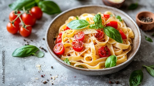 A delightful bowl of fresh tagliatelle pasta, garnished with fragrant basil and ripe cherry tomatoes, epitomizing classic Italian cuisine and pure culinary joy. photo