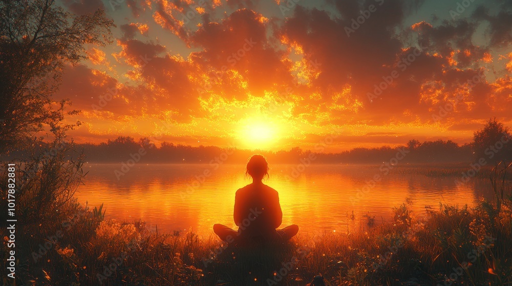 Person meditating by a serene lake at sunset. Person meditating by a serene lake at sunset.