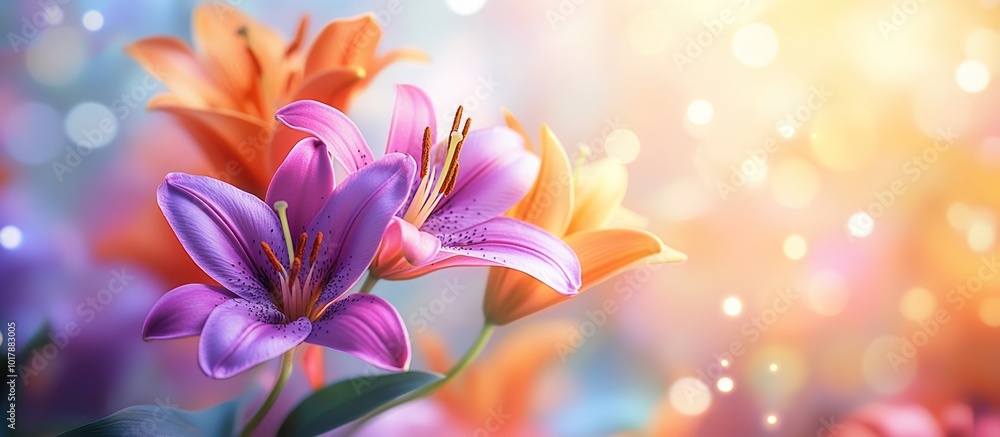 Purple and orange lilies with bokeh background. Purple and orange lilies with bokeh background.
