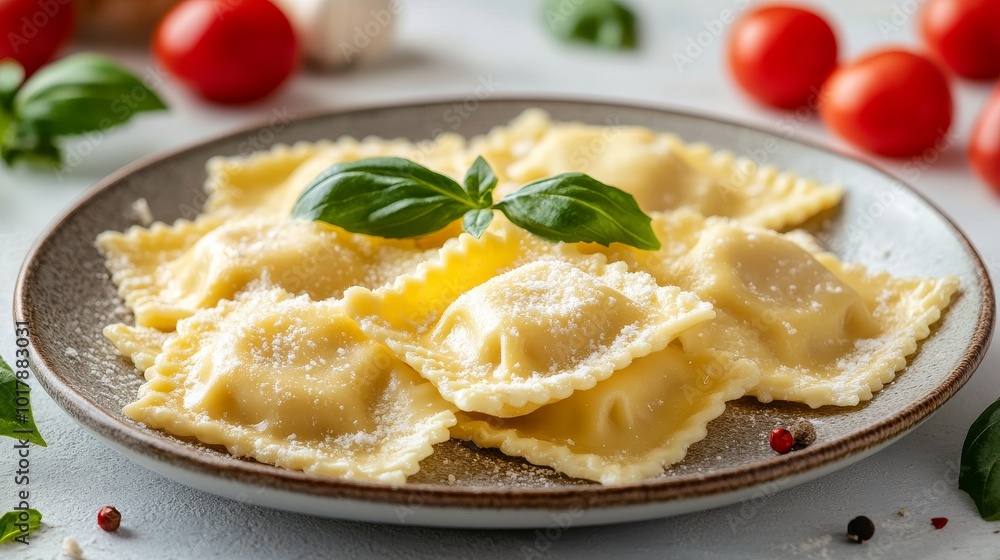 A delectable plate of cheese-filled ravioli garnished with fresh basil and surrounded by cherry tomatoes, presenting a delicious and traditional Italian dish.