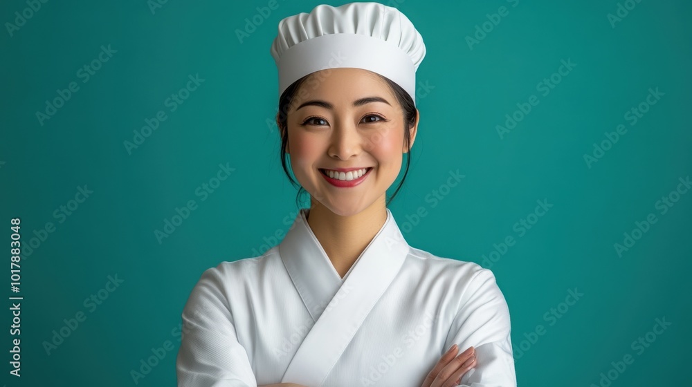 Smiling Japanese Female Chef in Studio Photography Smiling Japanese Female Chef in Studio Photography