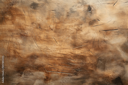 Close-up of a scratched, distressed wooden surface with visible grain and texture, showcasing natural patterns and marks.