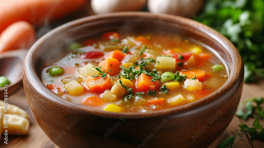 A delectable and hearty vegetable soup, packed with colorful veggies, served steaming hot in a beautifully crafted wooden bowl, promising warmth and nourishment. A delectable and hearty vegetable soup, packed with colorful veggies, served steaming hot in a beautifully crafted wooden bowl, promising warmth and nourishment.