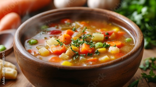 A delectable and hearty vegetable soup, packed with colorful veggies, served steaming hot in a beautifully crafted wooden bowl, promising warmth and nourishment.