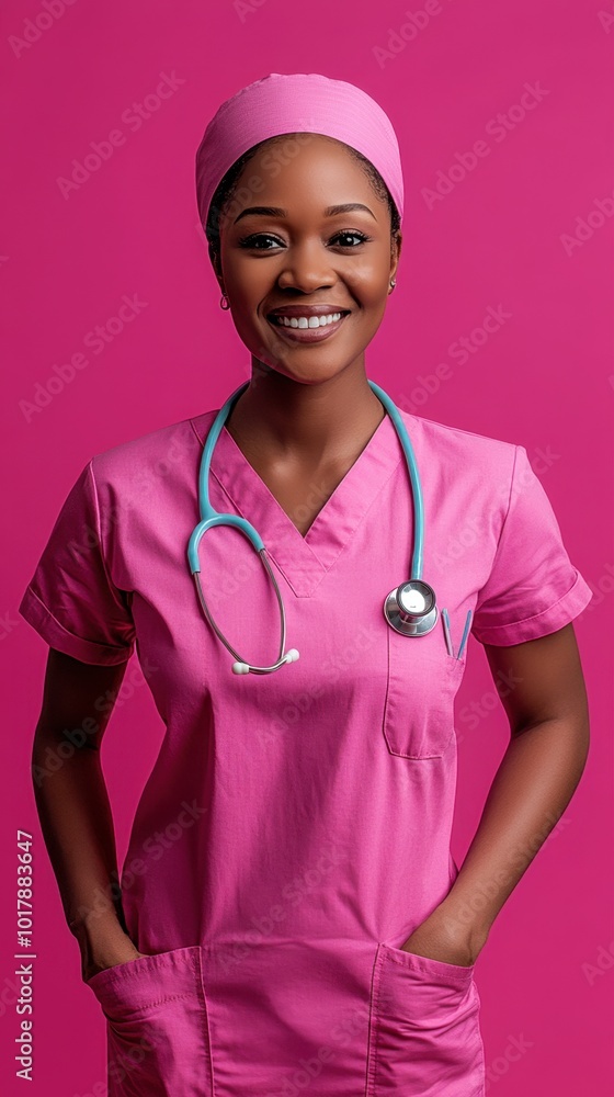 Cheerful Nurse in Pink Scrubs Against Pink Background Cheerful Nurse in Pink Scrubs Against Pink Background