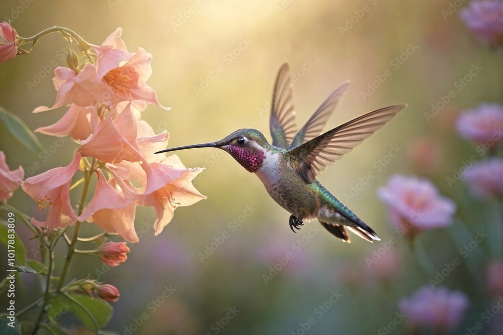 Fototapeta premium Hummingbird at Dawn in a Misty Garden