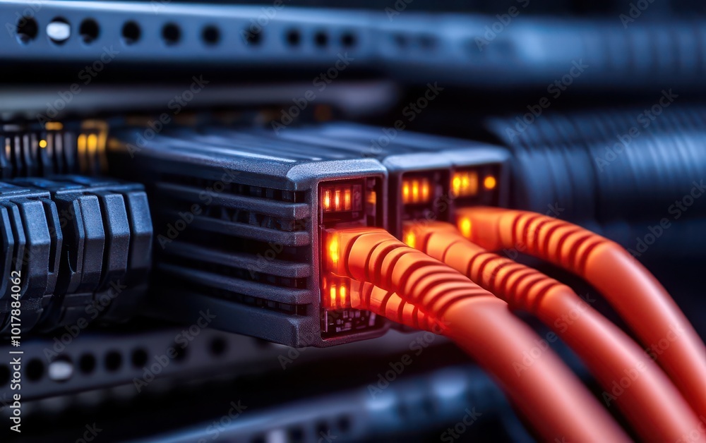 Cable network system, glowing fiber optic connections, advanced data center technology Cable network system, glowing fiber optic connections, advanced data center technology