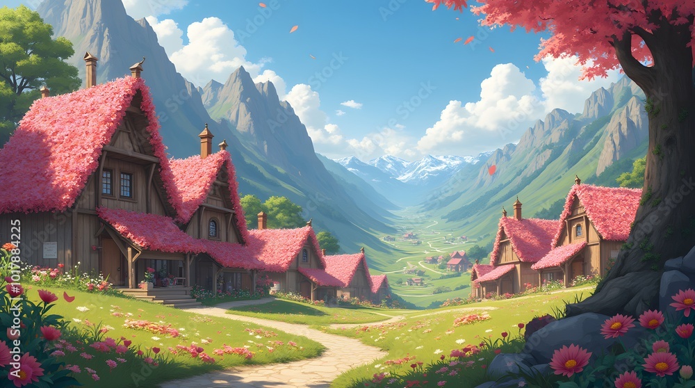 Obraz premium hidden valley with petal covered houses fae folk festivities channeling whimsical anime vibes