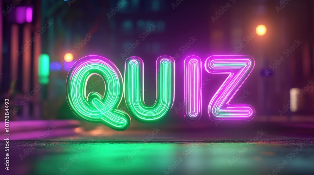 Vibrant Neon Quiz Sign Illuminating a Fun Night Scene for Interactive Entertainment Vibrant Neon Quiz Sign Illuminating a Fun Night Scene for Interactive Entertainment